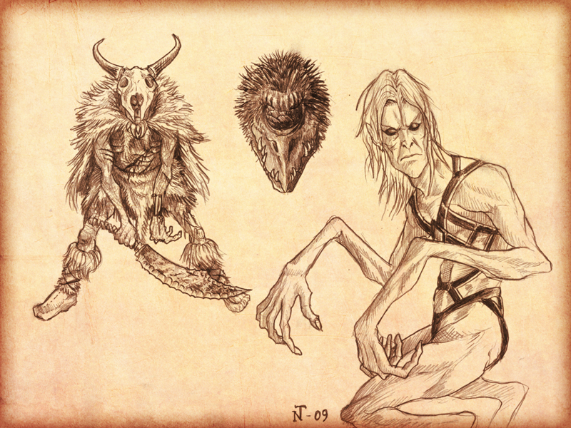 Sketches of a T'lan Imass, an Aptorian and a Forkrul Assail. 